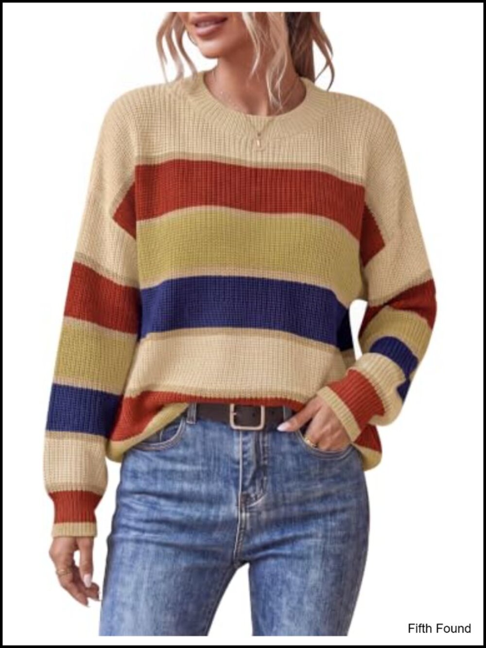 Striped Knit Loose Fit Pullover Sweater Women's Long Sleeve Crewneck Top
